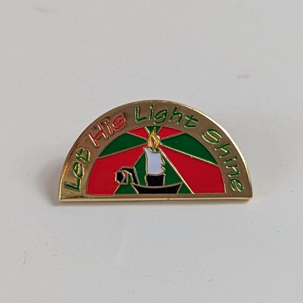 Vintage Sherman Let His Light Shine Gold Tone Metal Lapel Pin Brooch Religious